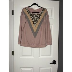Hopely long sleeve Leopard Chevron Relaxed Fit Top small mauve gray tan nwt